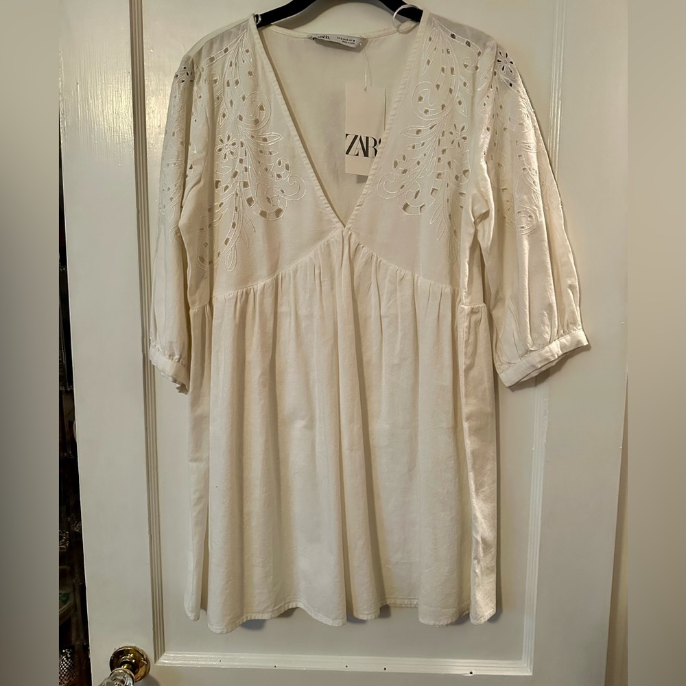 Zara Cream Embroidered V-Neck Dress